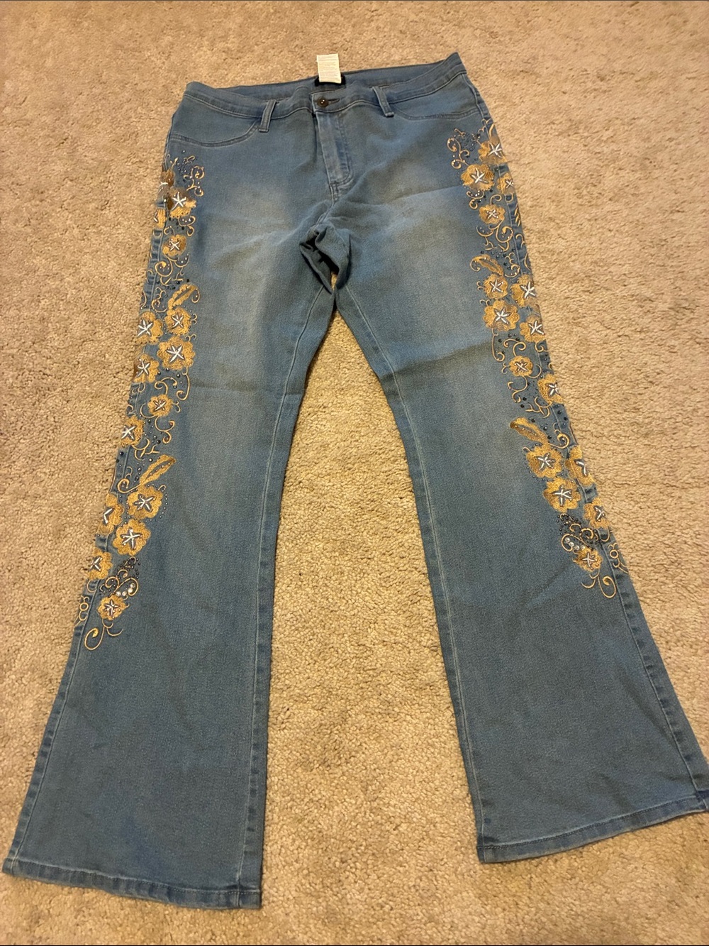 VENUS Blue Flare Jeans with Gold Floral Embroidery